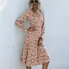 Casual Jurken 2023 V-hals Zoete Zomer Jurk Club Bloemenprint Lange Uitlopende Mouwen Vrouwen Herfst Hoge Split Party Midi Elegante sexy