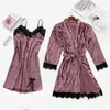 Sexy Pyjamas Pajama Set Women Lace Trim Satin Sleepwear Pyjamas Pour Femme Summer Nightwear With Dress Casual Home Wear Kimono Robe Gown J230601