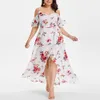 Grundläggande casual klänningar vintage klänning plus storlek kvinnor kort ärm kall axel boho blommor tryck lång stor elegant vestidos 2306012