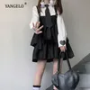 Vestidos yangelo kawaii preto camada de travamento lolita vestido mulheres outono japonês girl mole strap strap