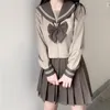 Arbetsklänningar japanska koreanska jk set kvinnor flickor skol uniform skolflicka brun cosplay kostym kawaii långa ärmar veckade kjol sjöman