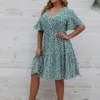 Basic Casual Dresses Plus Size Dress Woman Summer V Neck Short Sleeve Floral Print Midi High Waist Chic Beach Party 230601