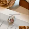 Band Rings Korean Elegant Cute Pink Square Zircon Ring For Women Girls Fashion Metal Futterfly Finger Jewelry Drop Delivery DHO69