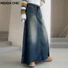 spódnica Reddachic Vintage Bleached Blue Plain Denim Spódnica Maxi ALINE Kobiet Raw Rem Long Dżinsy Sukienka Szybkie damie ubrania Y2K