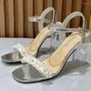 Crystal Heel Sandals High Open-Toe Fashion Women's Shoes Fairy Wind Pearl Strap Mid-Heel Summer 1155