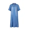 Dress Summer Denim Women Dress Casual Vintage V Neck Lapel Split Loose Half Sleeve Side Slitting Hem Long Dress