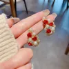 Stud New Red Rose Pearl Boucles d'oreilles pour les femmes Strass Fleur Gland Boucle d'oreille Mariée Bijoux de fête de mariage
