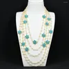 Chains G-G 5 Rows Natural White Pearl Chain Necklace Gold Plated Blue Jade Crystal Pave Flower Connector Fashionable Jewelry