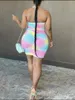 Robes décontractées basiques LW Plus Size Tiedye Backless Ruched Mini Dress Full Print Rainbow Sans manches Percé Halter Pressed Pleat Streetwear Skinny 230601