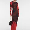 Casual Dresses Zabrina 2023 Spring Full Sleeve Pullover O-Neck Sheer Mesh Red Print Long Dress Sexy Tight High Waist Elegant Outfit