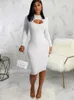 Casual Kleider Sexy Attraktive Chese Hohl Elastische Strickpullover Kleid Frauen Langarm Hohe Taille Körperformung Knielangen Party Prom