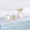 Stud Luxury Bow Diamond Earrings for Women Pearl Dangle Wedding Party Valentine's Day Gift Jewelry