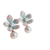 Stud New Retro Fashion Pink Blue Enamels Flowers Pearls Earrings for Women Exquisite Painting Style Pendant Earring Gifts