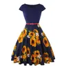 Klänningar ärmlös 50 -tal 60 -tal retro vintage kvinnor casual klänning pinup rockabilly mante femme jurken citron blommig tryckt gul parti vestido