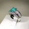 Bandringe 2022 NEUE Mode Smaragd Prinzessin Paraiba Paare Ring Für Frauen Doppel Voller Diamant Kristall Verlobung Jahrestag Geschenk Schmuck J230602