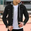 Jaquetas masculinas slim fit lapela com capuz jaqueta masculina moderna e elegante lona jeans casual masculina cor sólida 2023