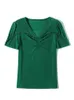 Camiseta de verano de malla brillante para mujer de manga corta con cuentas y cuello en V con botón doblado camiseta ultrafina P230602