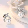 Stud Classic Cross Inlaid Zircon Pearl Ear örhängen för kvinnor örhängen Alla hjärtans dag gåva damer smycken mujer