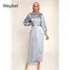 Vestidos Casuais WEPBEL Vestido Árabe Islâmico Dubai Cetim Cintura Alta Abaya Muçulmano Macio Elegante Espartilho Manga Longa Robe Marocain Kaftan