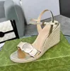 2023S Designer Sandale Dame Keil High Heel Damenschuhe Doppelte Metallschnalle Leder Wedges Espadrille Sandalen Knöchelriemen Echtes Leder mit Box