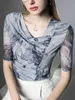 T-Shirt Sommer Kurzarm Mesh Elegante Elastische Gedruckt T Damenmode Top Kragen Falten T-shirt P230602