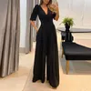 Women's Two Piece Pants Lady Sexy V Neck Slim Tie-up Bow Romper Office Fashion Pleat Wide Leg Pant Playsuit Overall Women Elegant Puff