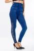 Leggings femininas jeans de imitação jeans femininas com bordas rendadas cintura alta finas calças elásticas lápis jeggings super elásticas