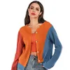 Femmes Tricots Femmes Manches Longues Boutons Pull Couleur Bloc Patchwork Lâche Ouvert Avant Cardigan Deux Côtés Portable Tricoté Outwear N7YE