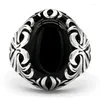 Cluster Rings Turkish Black Agate Ring For Men Pure 925 Sterling Silver Vintage Carved With Oval Big Natural Stone Male Jewelry Gift