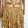 Scenkläder full guld strass klänning kvinnors långa ärmar fransade sexiga pole dansfestival outfit gogo kostym xs5086