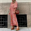 Grundläggande avslappnade klänningar Bohemian Long Dress Women Vintage V Neck Kort ärm sundress maxi tryck Boho Floral Loose Beach 230601