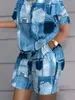 여성용 트랙 슈트 LW 컬러 블록 모방 DENIM 2 조각 반바지 정장 승무원 목 풀버 티셔츠 캐주얼 세트 트렌디 한 2pcs 의상