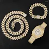 Collane con ciondolo Collana Orologio Bracciale Hip Hop Miami Curb Catena cubana Colore argento Full Iced Out Pavé di strass CZ Bling per uomo