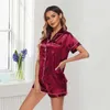 Running Sets Women Sleepwear Summer Pajama Set Pink Turn Down Collar Faux Silk Satin Blue Short Sleeve Casual Female Pijama Home Wear Shorts