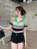 女性用Tシャツ夏の新しい女の子ポロネックレインボーストライプ半袖薄袖TシャツエラスティックトップP230602