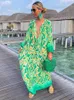 Abiti casual per donna 2023 Summer Fashion Vintage Maxi abito allentato Sexy scollo a V manica lunga Boho Print Gonna lunga da spiaggia