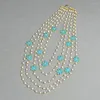 Chains G-G 5 Rows Natural White Pearl Chain Necklace Gold Plated Blue Jade Crystal Pave Flower Connector Fashionable Jewelry