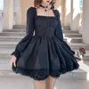 فساتين Houzhou White Lolita Dress Kawaii Vinatge Long Sleeve Mini Dresses Black Gothic Lace Lace Patchwork Streetwear Square Square