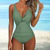 Women's Swimwear Women Bikinis Set Solid Color Deep V Neck Summer Monokini Sexy Low-cut Sleeveless Padded Bathing Suit Slim Fit Backless