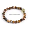 Beaded Strand Armband Natuursteen Tiger Eye 8Mm Gem Bead Retro Dragon Head Mannen Armbanden Healing Sieraden Voor Vrouwen Psera Drop Deli Dhvrs