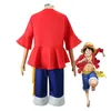 Cosplay Monkey D. Luffy Anime rol oynama kostümü kırmızı üst mavi pantolon şapka kadın almalt çocuk cadılar bayramı partisi seti 230601