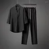 Men's Tracksuits Men's Men's 2 Piece Set Summer White Thin Wrinkle Ice Silk Half Sleeve T-Shirt And Trousers Suit Plus Size 5XL