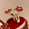 Band Rings Vintage Delicate Floral Ruby Ring Female 925 Stamp Temperament Inlaid Full Of Diamond Opening Ring Party Birthday Present J230602