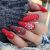 False Nails 24Pcs Christmas White Lace Fake Xmas Snowflake Almond Pointed Nail Gingerbread Man Pearl Long Press On