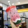 Water Bottles Summer Cold Drink Ice Cup Creative Simple Double-layer Plastic Fruit Shape Straw Student Drinking Gift For Friends