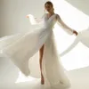 Abiti da sposa in tulle glitterato Abiti da sposa Boho da donna Maniche lunghe Scollo a V Pieghe Abito da sposa corsetto con lacci 2022238S