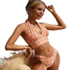 Women's Swimwear European And American Printed Plaid Bikini Split High Waist Slimming Swimsuit Women's Lace-up Halter Backless