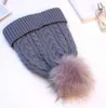 Gorro de piel con pompón para mujer, gorro cálido de lana, gorro de lana de doble capa con nudo trenzado, gorro tejido de lujo con Cable Slouchy Skull Cap