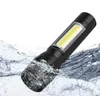 Mini lampe de poche COB rechargeable par USB zoom ajustable en alliage d'aluminium Q5 torche portable lampe de camping en plein air 3W lampes de poche à batterie intégrée lumières avec boîte-cadeau