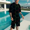 İzler Yaz Yeni Erkekler 3D Teknolojisi Grafik Baskı Gevşek O-Gell T-Shirt Kısa Kollu Plaj Sweatshirt 2PK Seti P230603